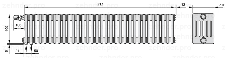 Схема (чертеж) Радиатор Zehnder Charleston 6040/32 №V001 Белый глянцевый RAL 9016